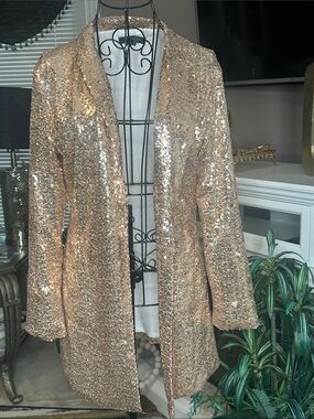 HAODUOYI Gold Sequined Open-Front Long Blazer